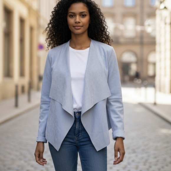 Bagatelle Light Blue/Gray Vegan Leather Cascading Drape Soft Blazer Sz M - Picture 1 of 10